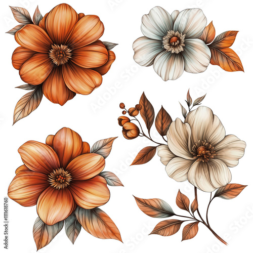 Abstract Floral Design with Decorative Flower Elements on Transparent Background
