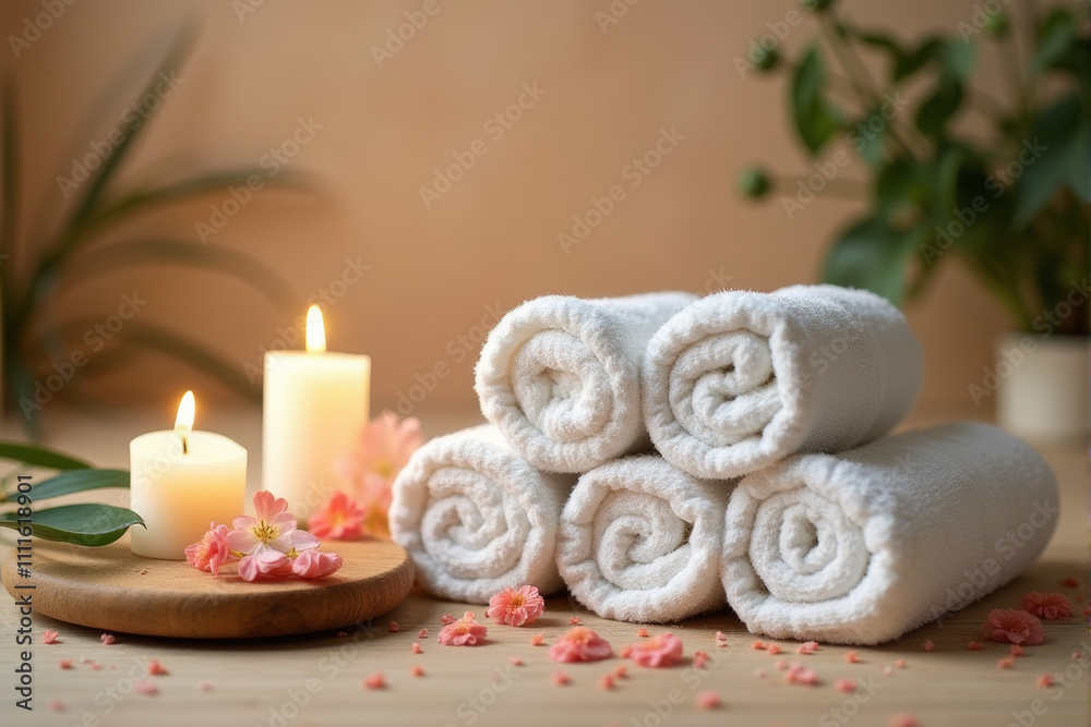 A serene spa setting with rolled-up white towels A serene spa setting with rolled-up white towels