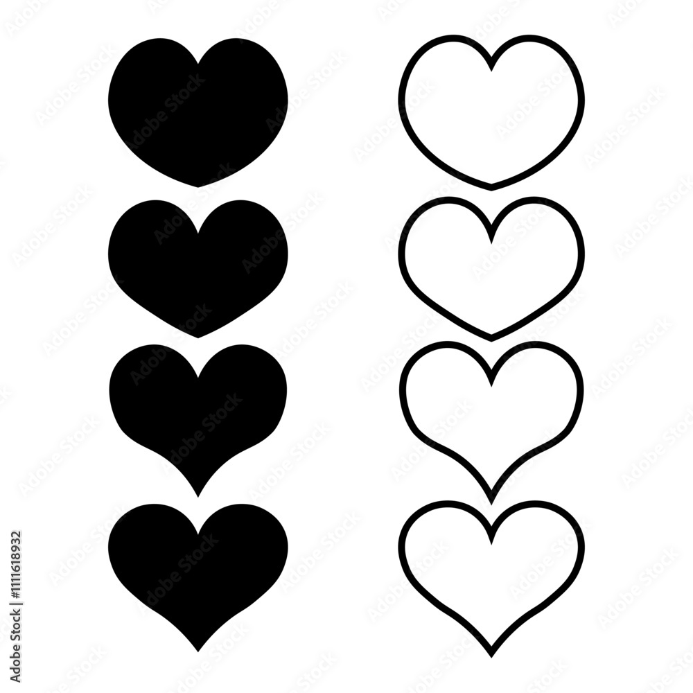 Black and white collection of various heart shapes icon Black and white collection of various heart shapes icon