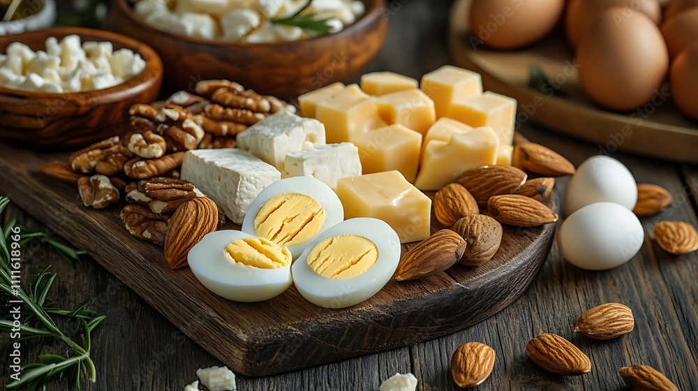 Fototapeta premium A wooden table with a variety of low-carb snack options, such as mixed nuts, cheese cubes, and boiled eggs 