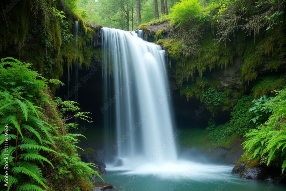 A serene waterfall cascades over moss covered rocks, creating a peaceful and tranquil scene A serene waterfall cascades over moss covered rocks, creating a peaceful and tranquil scene