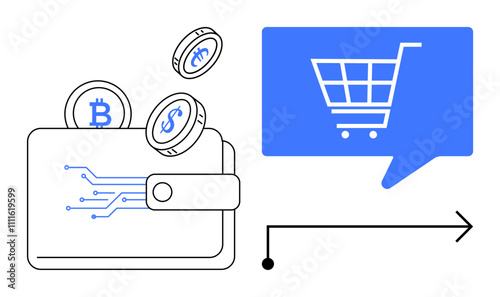 Digital wallet with cryptocurrency coins and blue shopping cart in a speech bubble. Ideal for online shopping, e-commerce, digital payments, cryptocurrency, fintech, virtual wallets, and financial