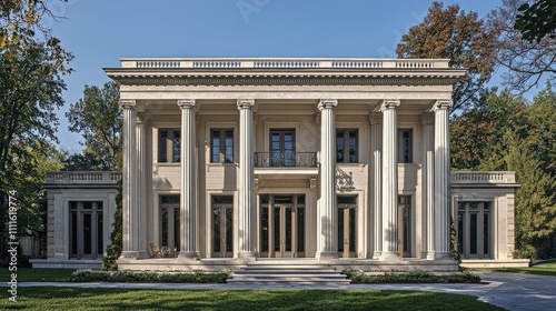 A grand neoclassical stone structure with towering white columns and symmetrical architectural design  showcasing classical elegance and timeless beauty under a clear blue sky.