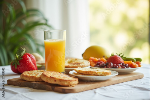 A wholesome breakfast spread with fresh fruit, bread, and a glass of orange juice, bathed in warm sunlight.