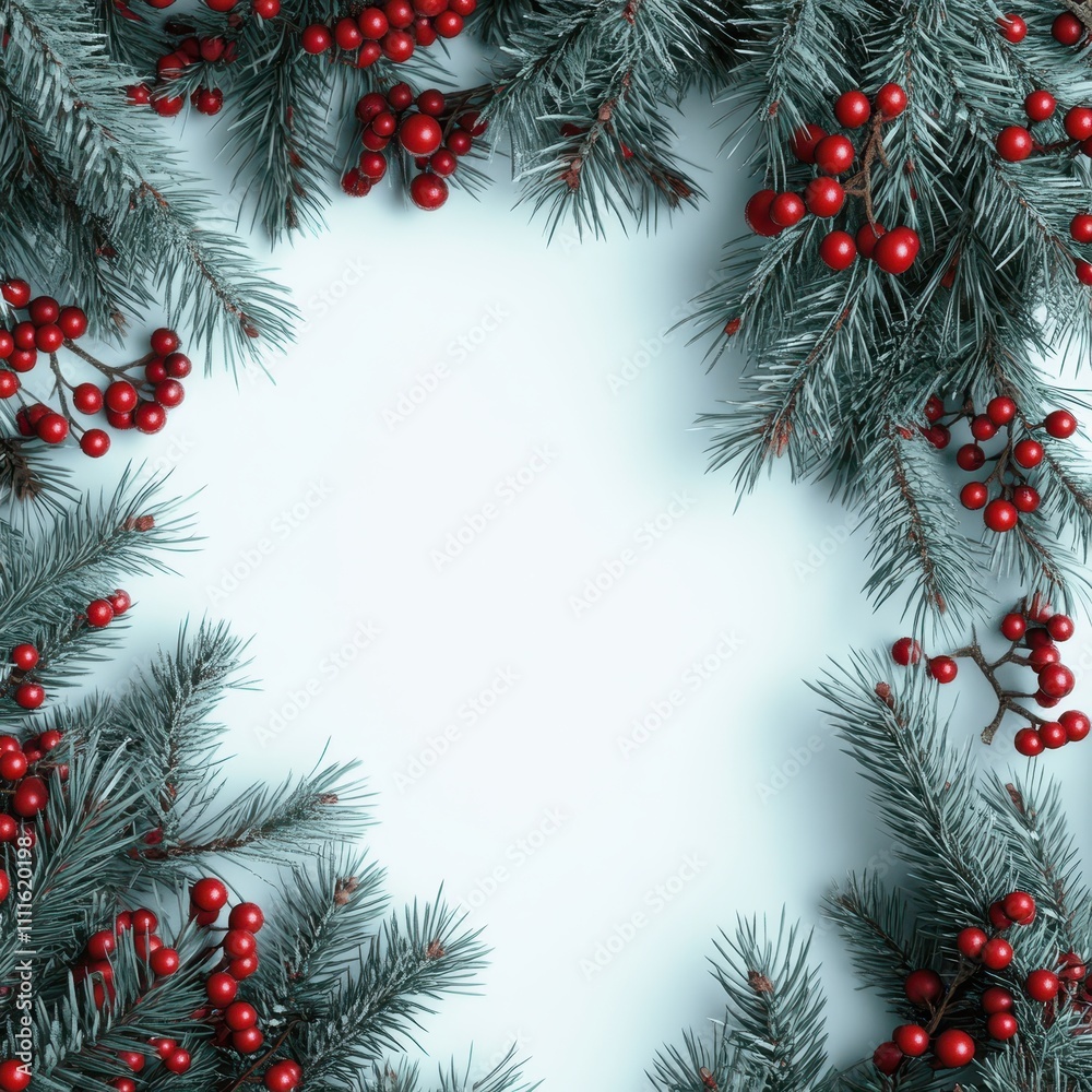 Seasonal holiday design, border of pine needles and red berries, winter nature art. Seasonal holiday design, border of pine needles and red berries, winter nature art.