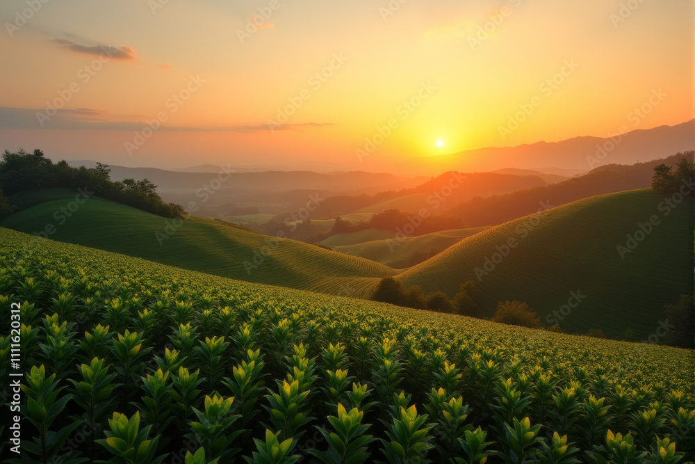 Obraz premium sunrise illuminates a rolling landscape of lush green hills