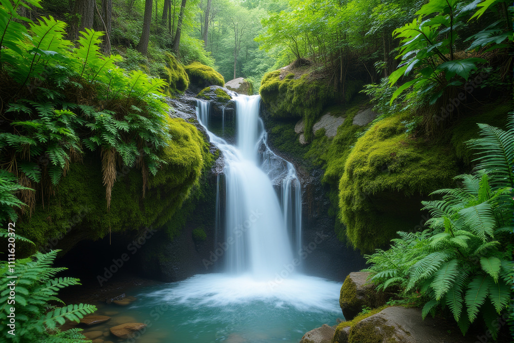 A serene waterfall cascades over moss covered rocks, creating a peaceful and tranquil scene A serene waterfall cascades over moss covered rocks, creating a peaceful and tranquil scene