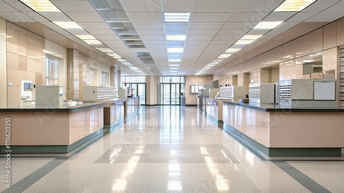 A modern  spacious reception area with counters and large windows  designed for customer service.