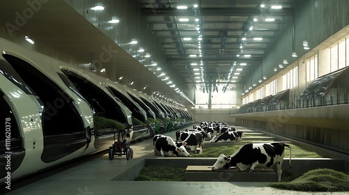 Modern dairy farm cows in individual stalls, eating grass.