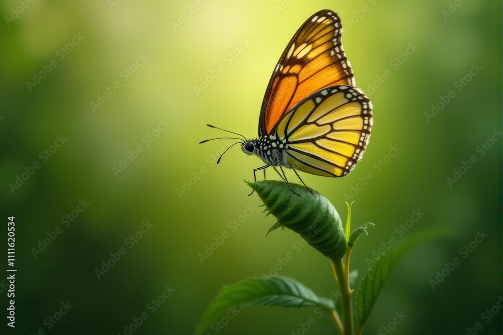 A beautiful orange butterfly with black stripes rests on a green leaf, basking in the warm sunlight. A beautiful orange butterfly with black stripes rests on a green leaf, basking in the warm sunlight.