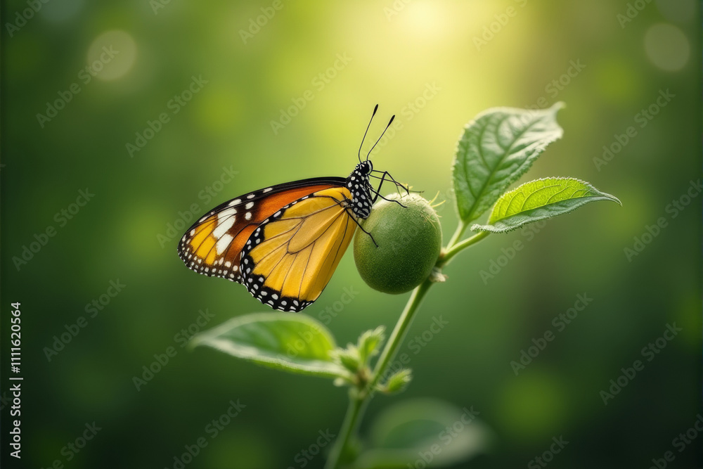 A beautiful orange butterfly with black stripes rests on a green leaf, basking in the warm sunlight. A beautiful orange butterfly with black stripes rests on a green leaf, basking in the warm sunlight.