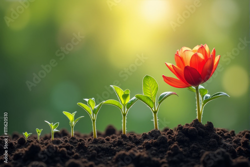A flower in various stages of growth, from tiny sprouts to a fully bloomed
