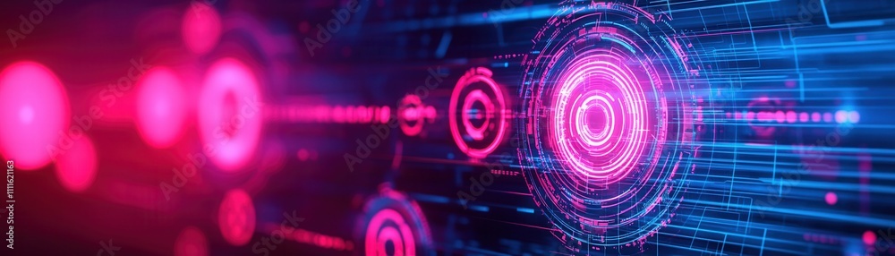 A vibrant digital design featuring glowing circles and lines, showcasing a futuristic technology theme with a blue and pink color scheme. A vibrant digital design featuring glowing circles and lines, showcasing a futuristic technology theme with a blue and pink color scheme.