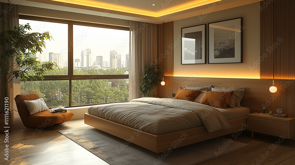 A modern hotel room with a wooden floor, bed, and chair. The window offers a scenic view, while the walls are a light beige color and the ceiling is white. The room features light brown solid wood 