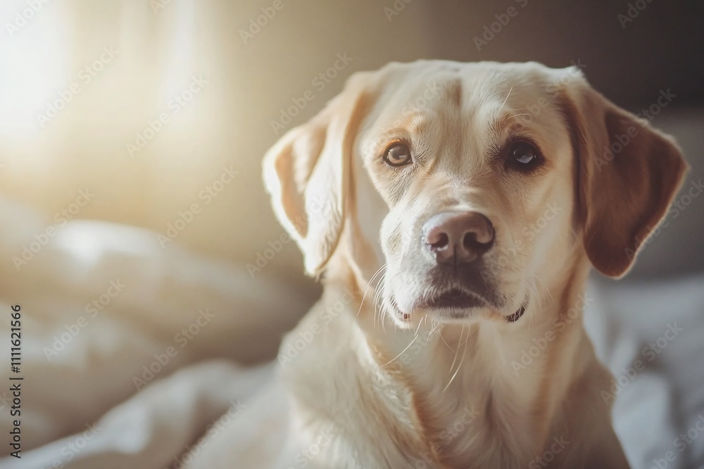 Soft Focus Portrait of a Calm Yellow Labrador in Cozy Setting Soft Focus Portrait of a Calm Yellow Labrador in Cozy Setting