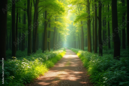 A sunlit path winds through a lush, green forest, with rays of light piercing through the dense foliage. The image evokes a sense of peace, tranquility, and the beauty of nature.