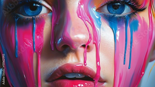 Close-up of a woman's face dripping with vibrant pink and blue paint.