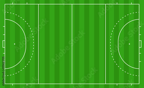 Field hockey pitch top view vector illustration. Field hockey Size and Dimension Vector Drawing Illustration. Black outline court and stadium on white background. Football match, league scheme.