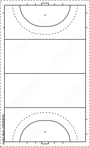 Field hockey pitch top view vector illustration. Field hockey Size and Dimension Vector Drawing Illustration. Black outline court and stadium on white background. Football match, league scheme.