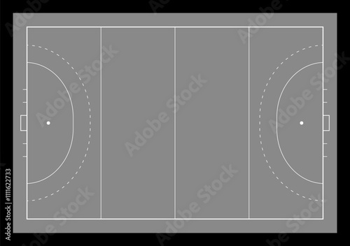 Field hockey pitch top view vector illustration. Field hockey Size and Dimension Vector Drawing Illustration. Black outline court and stadium on white background. Football match, league scheme.