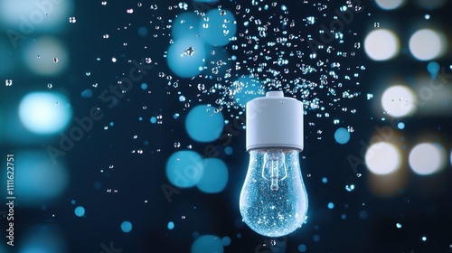 Water droplets suspended in mid air surrounding an exploding light bulb, the slow motion capture emphasizing the fluid dynamics of the explosion. photo