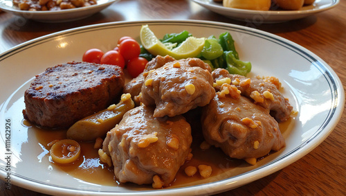 Savory roast pork medallions with pan sauce and veggies on classic white plate photo