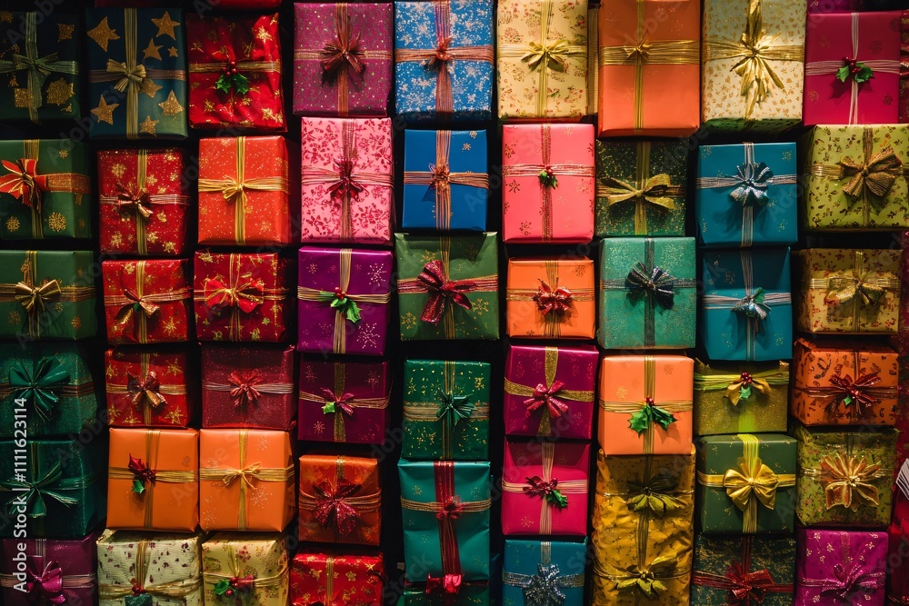 Colorful Wrapped Gifts Stacked in a Festive Display for Celebration Colorful Wrapped Gifts Stacked in a Festive Display for Celebration