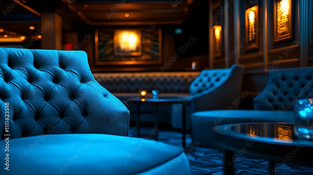 Luxurious blue velvet armchairs in a dimly lit lounge. Luxurious blue velvet armchairs in a dimly lit lounge.