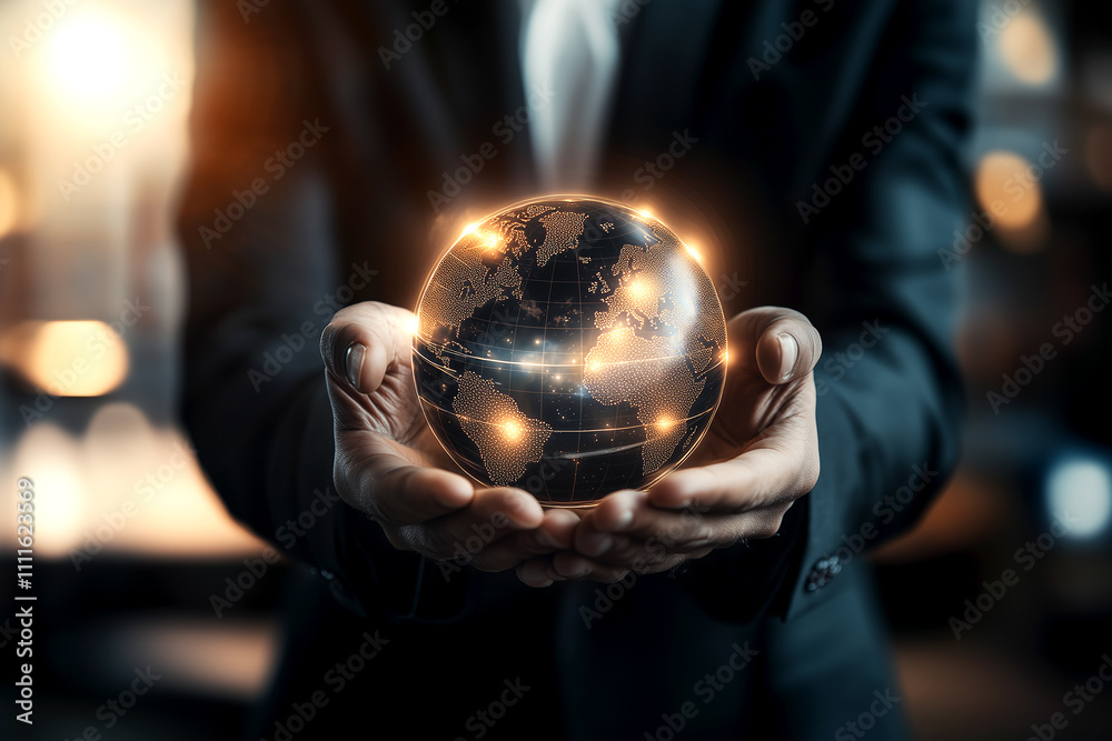 Fototapeta premium Glowing earth in hands symbolizing global connection and care.