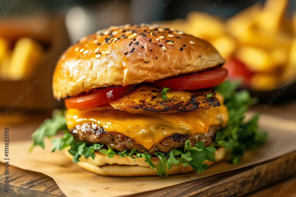Big tasty hamburger. Burger with meat patties, cheese, tomatoes, sesame, lettuce. Cheeseburger. Fast food. Photo for a restaurant or cafe menu. Big tasty hamburger. Burger with meat patties, cheese, tomatoes, sesame, lettuce. Cheeseburger. Fast food. Photo for a restaurant or cafe menu.