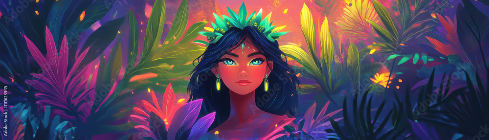 princess with emerald crown stands amidst vibrant tropical foliage, exuding sense of majesty and serenity. Her captivating gaze draws you into magical world princess with emerald crown stands amidst vibrant tropical foliage, exuding sense of majesty and serenity. Her captivating gaze draws you into magical world