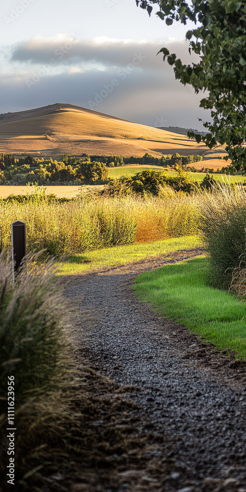 Fototapeta premium Winding gravel path through lush fields under dramatic sky near rolling hills in the late afternoon