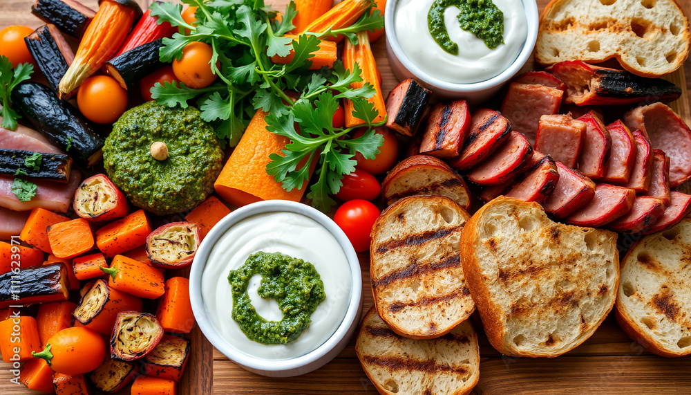 A delectable spread of vibrant grilled vegetables and fresh dips, showcasing the richness of healthy cuisine A delectable spread of vibrant grilled vegetables and fresh dips, showcasing the richness of healthy cuisine