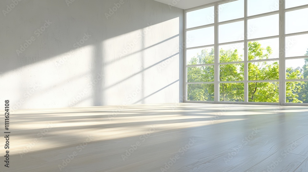 Modern contemporary loft-style empty room with concrete walls and plank flooring. Large windows frame a beautiful forest view, allowing sunlight to pour into the space Modern contemporary loft-style empty room with concrete walls and plank flooring. Large windows frame a beautiful forest view, allowing sunlight to pour into the space