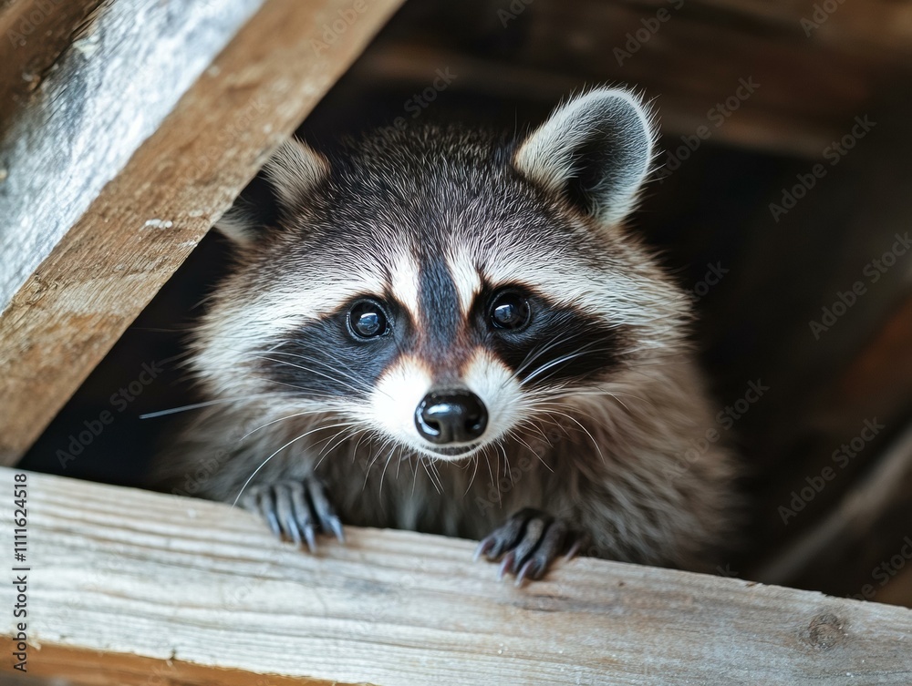 Fotografie A curious raccoon peeking from under a wooden structure. AI.