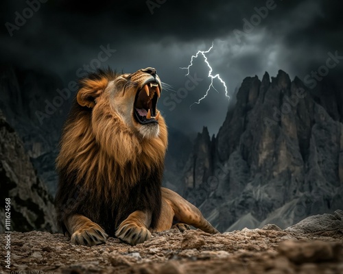 Majestic lion roaring amidst a stormy mountain landscape. AI. photo