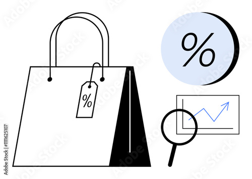 Shopping bag with a discount tag, percentage symbol in a blue circle, and a growth chart highlighted by a magnifying glass. Ideal for retail, marketing, sales analysis, e-commerce, financial