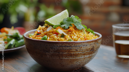 Traditional Ayurvedic Kitchari with Fresh Cilantro and Lime in Rustic Ceramic Bowl  

 photo