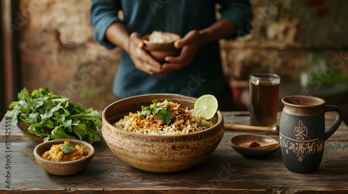 Traditional Ayurvedic Kitchari with Fresh Cilantro and Lime in Rustic Ceramic Bowl  

 photo