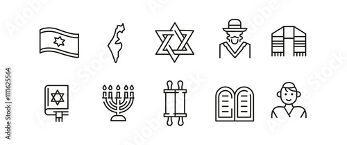 Israel icons. Set of 10 Israel trendy minimal icons. Example: Star of David, Dreidel, Menorah, Rabbi, Torah icon. Design signs for web page, mobile app, packaging design. Vector illustration
