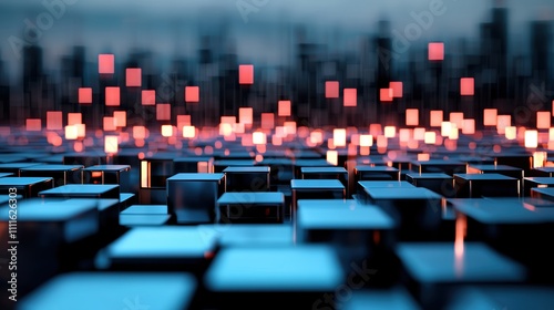 An abstract image of glowing cubes representing blockchain blocks, interconnected and forming a secure and tamper proof data structure. photo