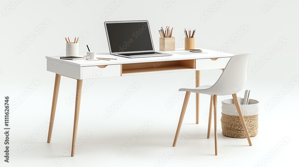 Minimalist workspace with a laptop and chair on a white desk in a bright room. Minimalist workspace with a laptop and chair on a white desk in a bright room.