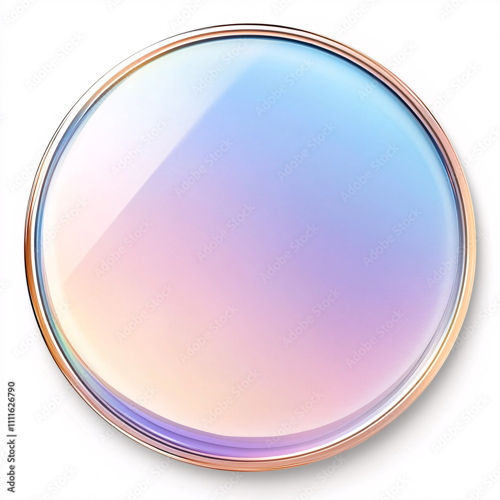A circular lens with a gradient of pastel colors, featuring a metallic rim, reflecting light and creating a soft, iridescent effect. A circular lens with a gradient of pastel colors, featuring a metallic rim, reflecting light and creating a soft, iridescent effect.