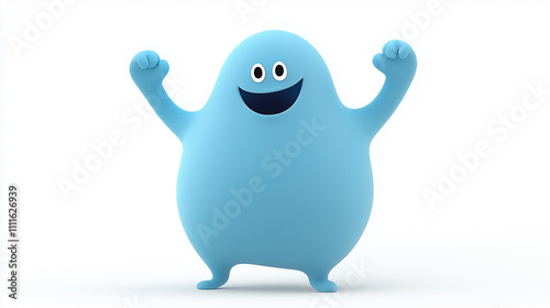 3D cartoon, a happy and cute blue blob character with hands raised in a cheerful gesture, on a white background 