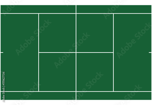 Tennis Court Field Size and Dimension Vector Drawing Illustration. Tennis Clay Court. Black outline court and stadium on white background. Tennis match, league scheme.