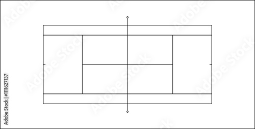 Tennis Court Field Size and Dimension Vector Drawing Illustration. Tennis Clay Court. Black outline court and stadium on white background. Tennis match, league scheme.