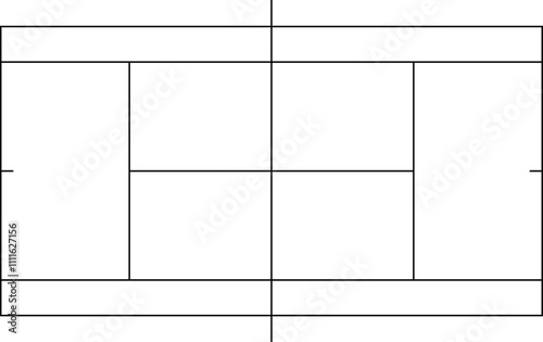 Tennis Court Field Size and Dimension Vector Drawing Illustration. Tennis Clay Court. Black outline court and stadium on white background. Tennis match, league scheme.