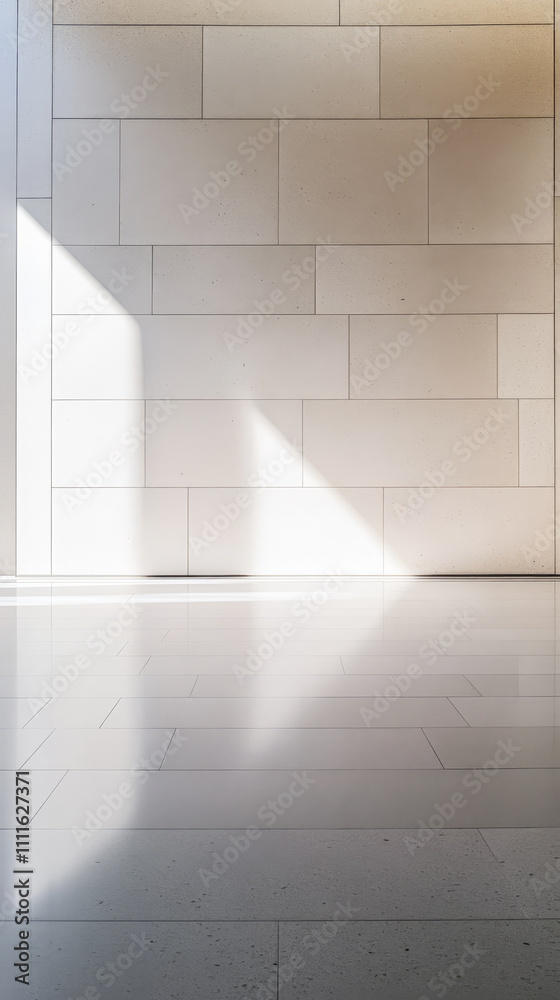 Obraz premium Sunlight casting shadows on minimalist white wall and floor in modern interior space