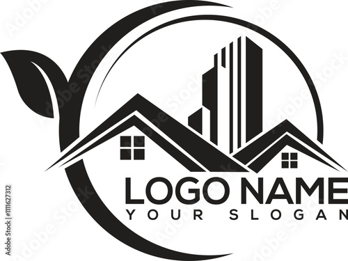 Illustration of building logo with leaves. Nature real estate logo design template green and healthy modern city with leaf logo design for business, property, building, eco city, future city, architec