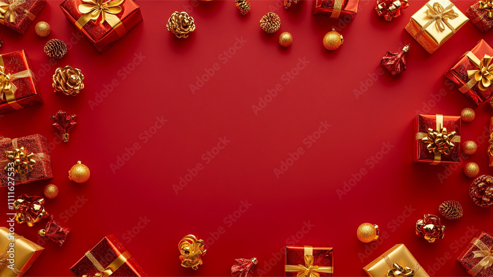 red christmas banner background, gold christmas elements and presents, empty in the middle red christmas banner background, gold christmas elements and presents, empty in the middle